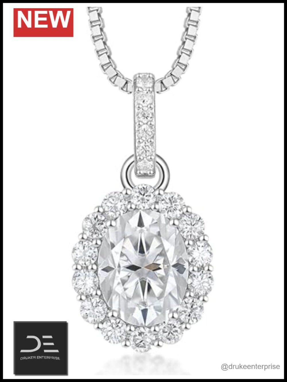 925 Sterling Silver Moissanite Solitaire Halo Pendant Necklace 20in Oval Cut